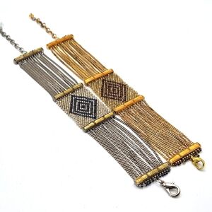 VINTAGE Seed Bead and Metal Chain Multi-Strand Bracelet Set Silver and Gold Tone